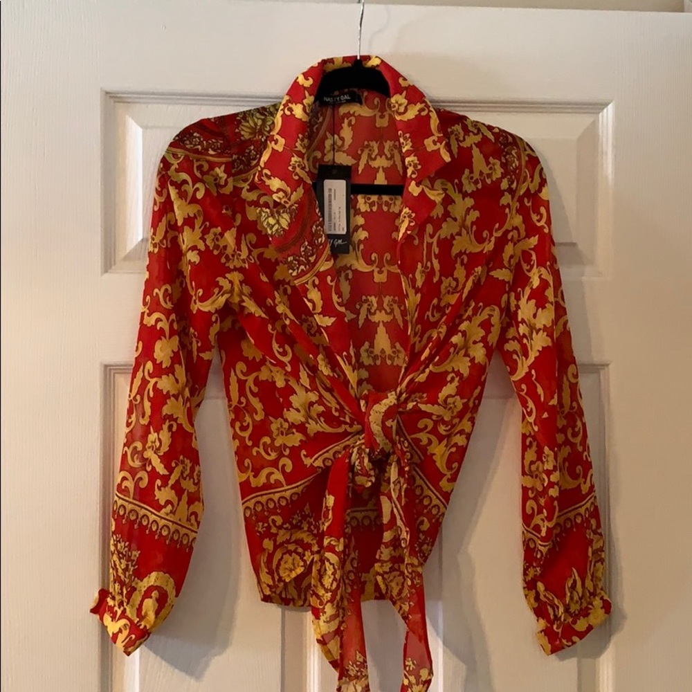 Front tie cropped (Versace style print), sheer
